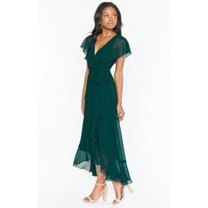 Show Me Your Mumu Jess Ruffle Midi Dress Emerald Chiffon XS